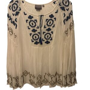 Anthropologie Cream Blouse with Navy Embroidery